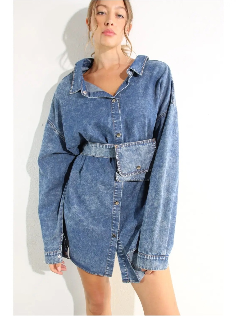 Washed Blue Denim Shirt Dress with Belted Pouch